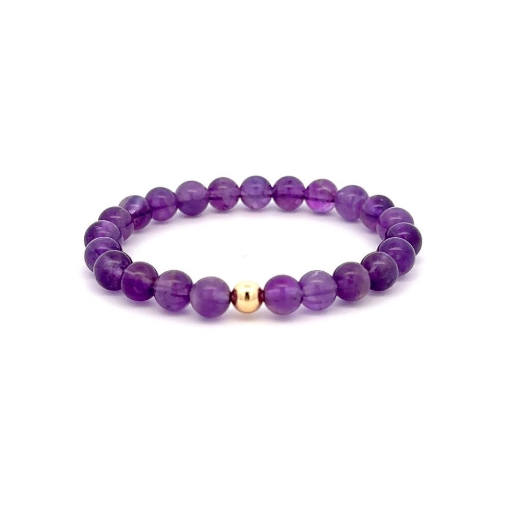 Natural Amethyst Gemstones 6mm Stretchable Bracelet 18k Gold Bead Charm